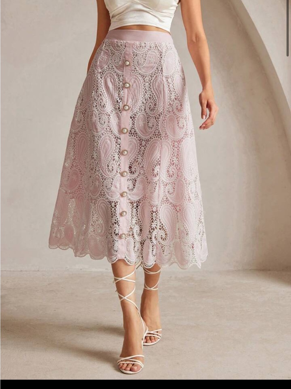 Scalloped Paisley Lace Midi Skirt - Pink